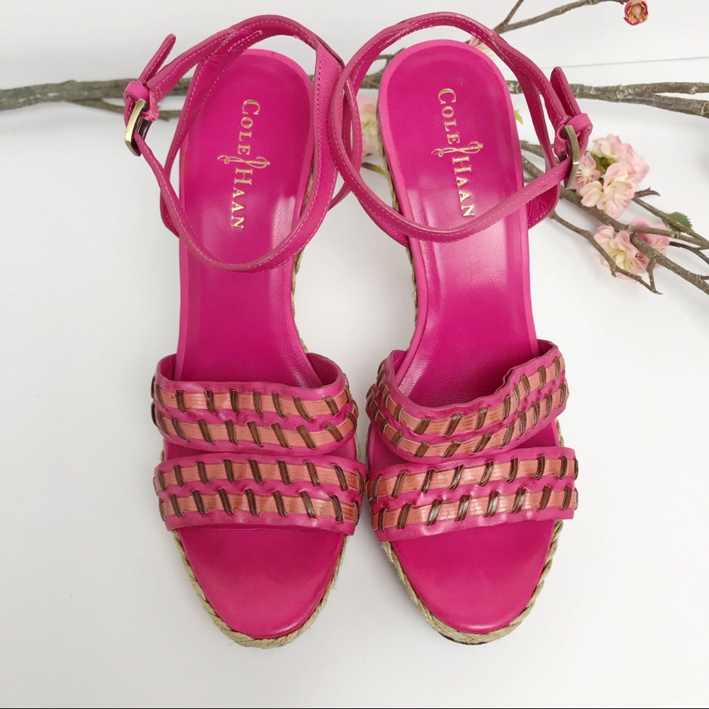 Cole Haan | Strappy Hot Pink Leather Raffia Heels